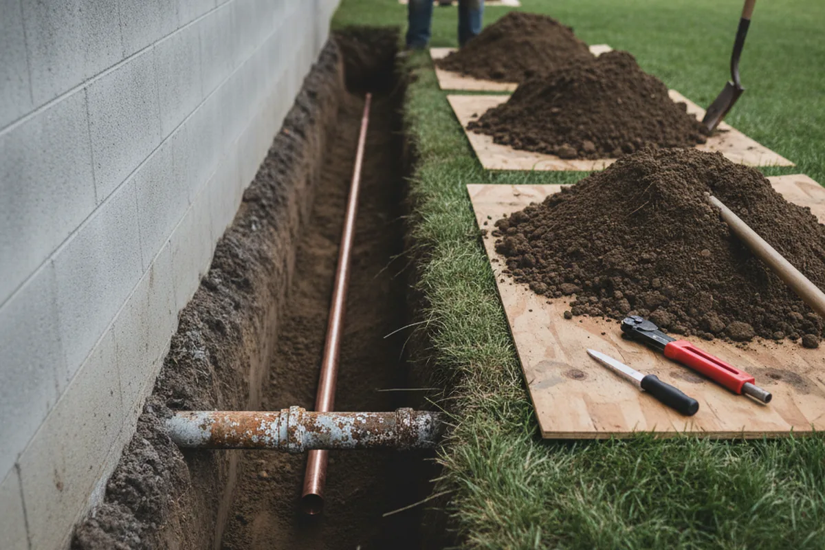Excavated water line trench during Water Softener Installation in East Haddam